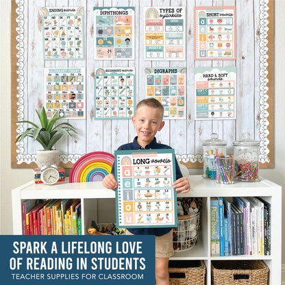 Hadley Designs Phonics Posters for Classroom Must Haves - 9 Sound Wall for Kindergarten & Elementary Teacher Supplies, Syllable, Vowels, Digraphs & Blends Bulletin Board Set, Boho Classrom Decor