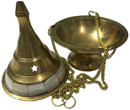 Vrinda® Brass Hanging Censer/Charcoal Incense Burner Studded with Pearl Stone | Traditional Aromatherapy Tool for Home and Meditation Spaces | Beautiful Hanging Design| 4'' High (Gold)