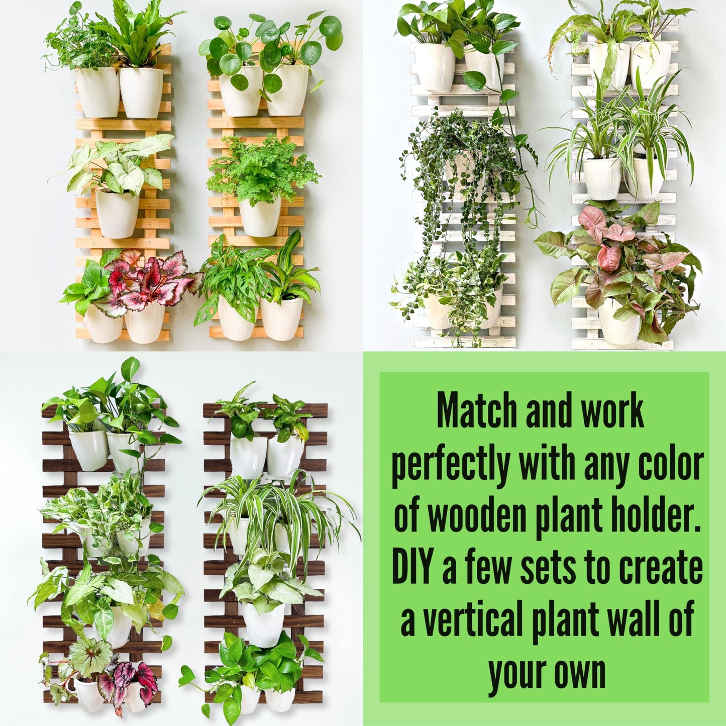 ShopLaLa Bundle- 5 Pack Set Wooden Plant Holder + 10 Pack, 5 Inch White Self Watering Plastic Pots Trendy Live Hanging Wall Mounted Indoor Vertical Hydroponic Garden System Large Rustic Shelves Frame
