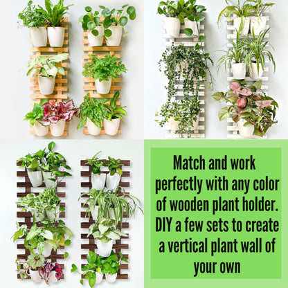 ShopLaLa Bundle- 5 Pack Set Wooden Plant Holder + 10 Pack, 5 Inch White Self Watering Plastic Pots Trendy Live Hanging Wall Mounted Indoor Vertical Hydroponic Garden System Large Rustic Shelves Frame