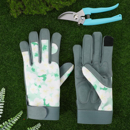 Garden Pruning Shears Set with Gardening Work Gloves & Stainless Steel Trimming Scissors for Flowers, Herbs & Small Branches, Puncture Resistant Anti-Slip Flexible
