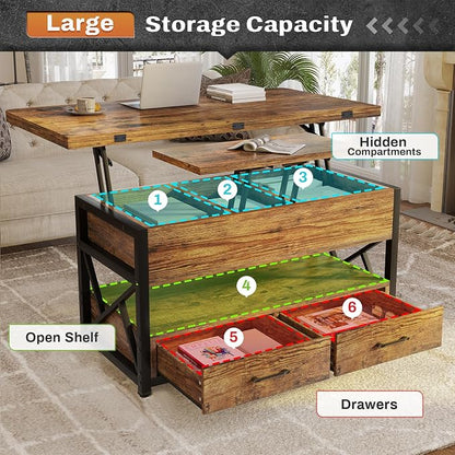 Itaar 40" Lift Top Coffee Table, 4 in 1 Coffee Tables with Storage for Living Room, Small Farmhouse Coffee Table with 2 Drawers & LED Light for Dining Reception Room, Rustic Brown