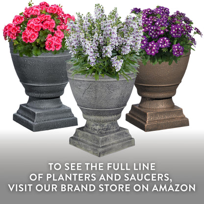 Classic Home and Garden Spartan Urn Planter - Timeless Plant Urn for Floral Displays - Durable Indoor & Outdoor Plastic Garden Planters (14”, Cast Iron)