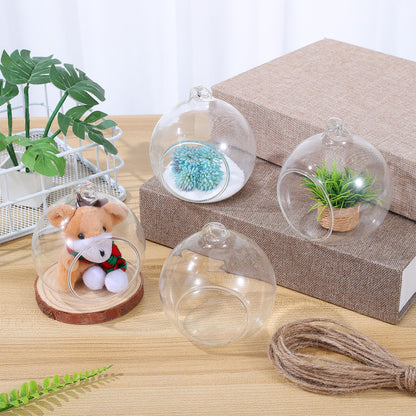 JEWEDECO 5pcs Hanging Glass Terrarium Ball Vase with 4.5cm Opening, Glass Hanging Tealight Holder for Air Plants and Candles, Includes 1.2m Jute Rope for Home Décor and Garden Display