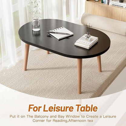 Small Coffee Table, Low Table with Solid Wood Legs, 23.6" Mini Oval Accent Table Side End Table, Floor Table Desk for Sitting on The Floor, Coffee Tea Table for Living Room, Dorm, Apartment, Black