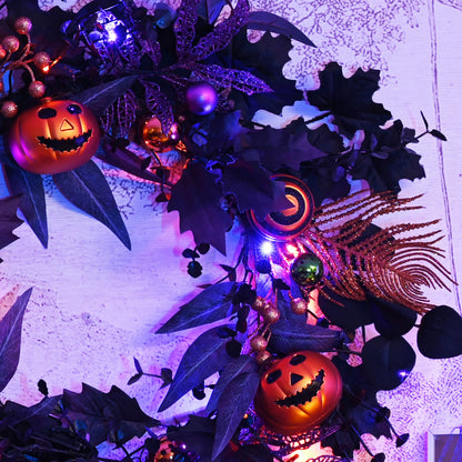 Valery Madelyn Collapsible Halloween Wreath for Front Door with Lights, 24 Inch Pre-Lit Jack-o'-Lantern Pumpkin Wreath Halloween Decorations for Centerpiece Window Indoor Party Holiday Wall Home Decor
