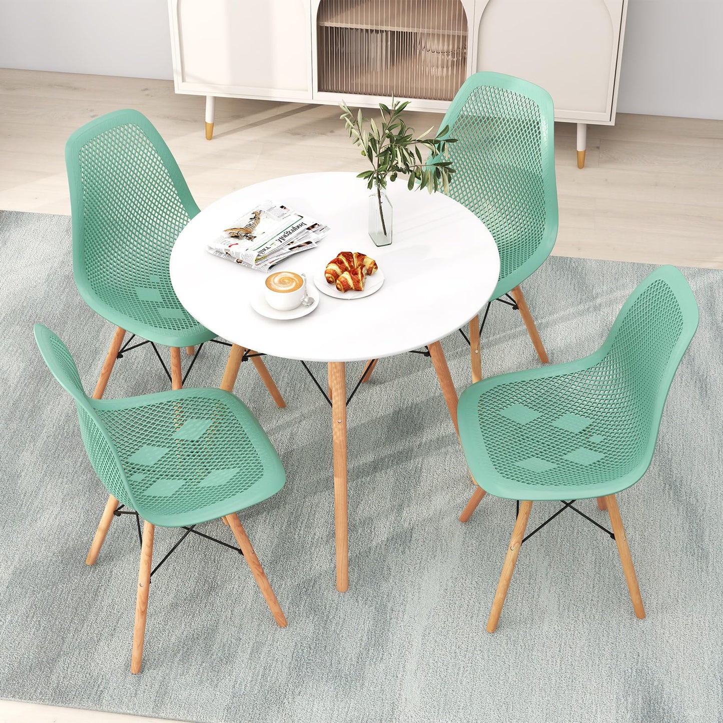 Giantex Round Dining Table Set for 4, 31.5" Kitchen Table and Chairs with Solid Wood Legs, Mesh Plastic Seats, Metal Frame, Space Saving Dinette Set for Apartment, Home Office (White+Green)