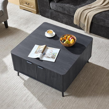 Fatmok Large Lift Top Coffee Table with Hidden Compartment, 35.4" Wide Oversized Square Coffee Table with Storage, Mid Century Modern Fluted Center Table for Home Living Room, Black Grey