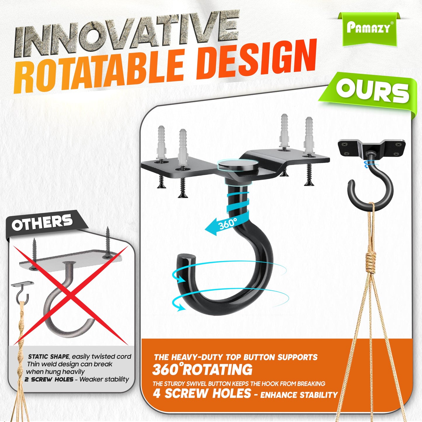 [UPGRADED] 2Pcs 200LBS Rotatable Ceiling Hooks with 4 Screw Points Base, Wall Mount Metal Hanger Black Ceiling Hook for Hanging Plant, Bird Feeder, Lights, Bed Canopy, Wind Chime, Indoor Outdoor Decor