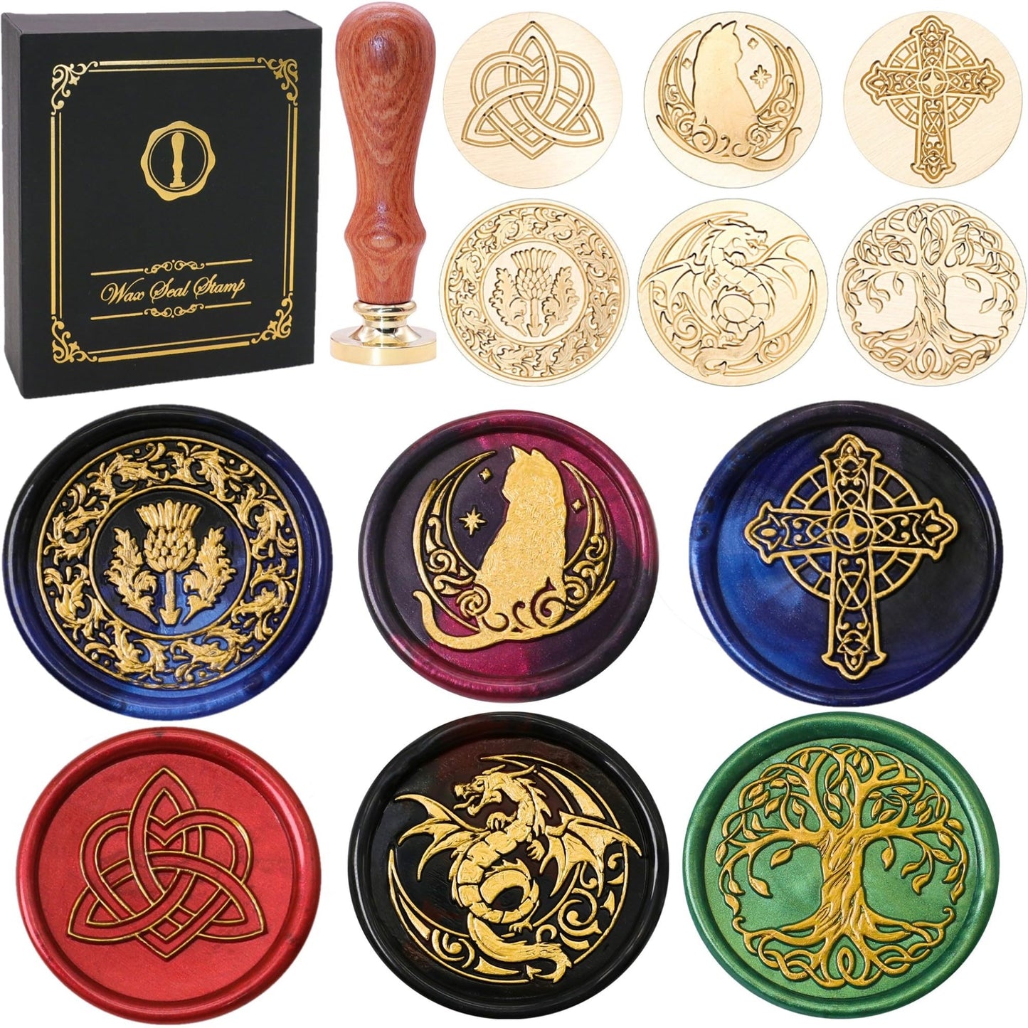 SWANGSA Celtic Wax Seal Stamp Gift Box Set, Vintage 6 Sealing Heads + 1 Wooden Hilt, Wax Stamp Kit for Party Invitations, Envelopes, Cards and Gift Packaging