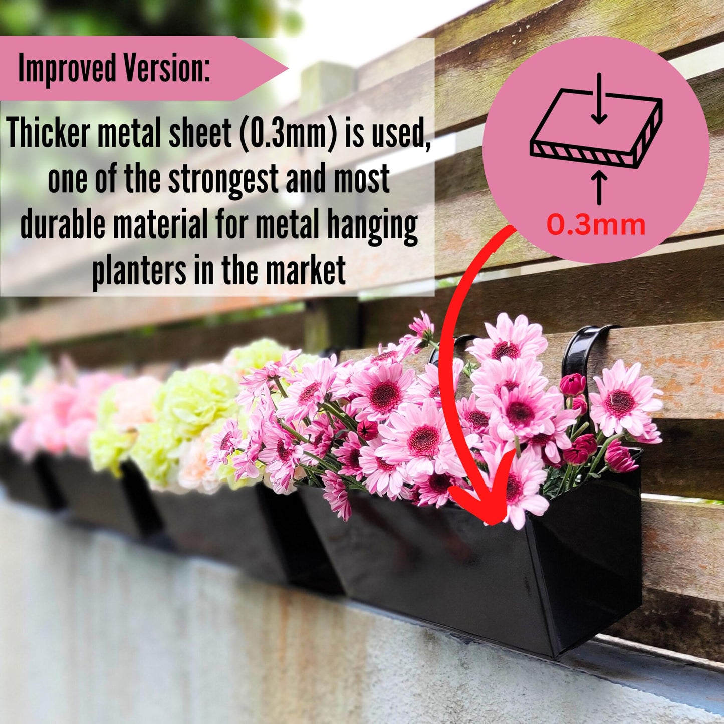 LaLaGreen Bundle- 2 Pack, 16 Inch Black + 6 Pack, 16 Inch White Rectangular Metal Pot Large Strawberry Hanging Wall Fence Plant Holder Deck Rail Balcony Modern Flower Box with Hook Outdoor Patio Decor