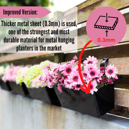 LaLaGreen Bundle- 2 Pack, 16 Inch Black + 6 Pack, 16 Inch White Rectangular Metal Pot Large Strawberry Hanging Wall Fence Plant Holder Deck Rail Balcony Modern Flower Box with Hook Outdoor Patio Decor