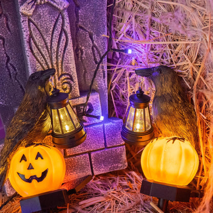 Dazzle Bright 2 Pack Halloween Crow Pathway Lights Outdoor, Solar Powered Resin Crow with Pumpkin Walkway Lights, Stake Light for Halloween Pathway Garden Lawn Yard Gifts Decoration