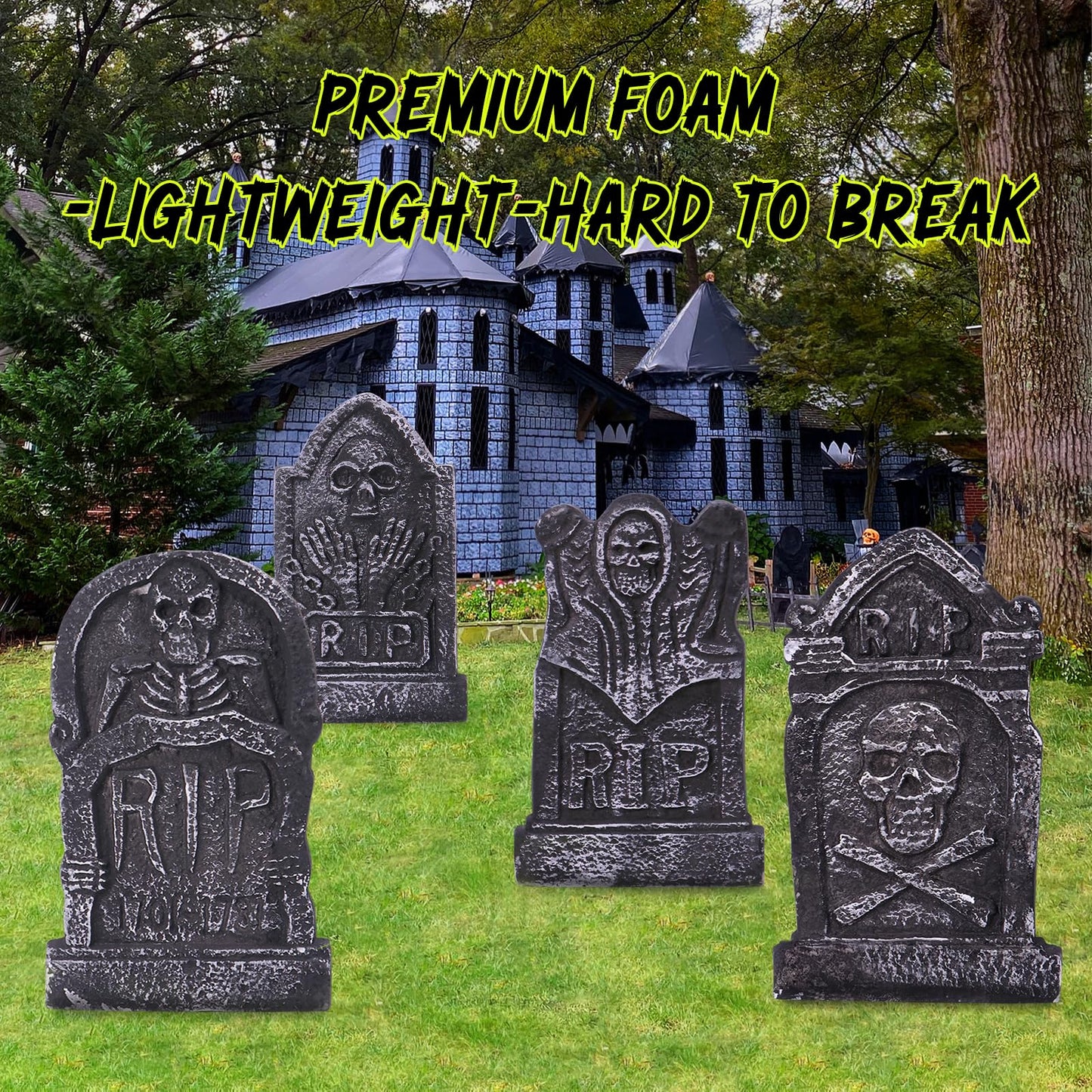 Sizonjoy Halloween Decorations, Foam RIP Graveyard Tombstones, 4 Pack Graveyard Headstone Decorations with 8 Bonus Stakes for Lawn Outside Decor (17In)