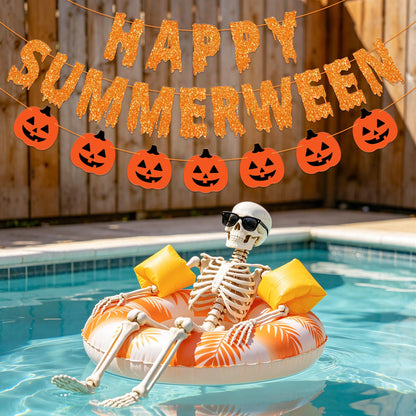 Happy Summerween Banner, Pre-Strung Summerween Party Decorations Glitter Summer Ween Hanging Banner Pumpkins Garland Halloween in Summer Decor Spooky Birthday Party Supplies for Home Office