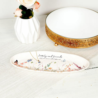 Pavilion Gift Company - Family and Friends Ceramic Tray, Serving Platter, Oval Food Tray, Watercolor Floral/Garden Design, 1 Count, 12 x 4.5 x 1-inch, Multicolor