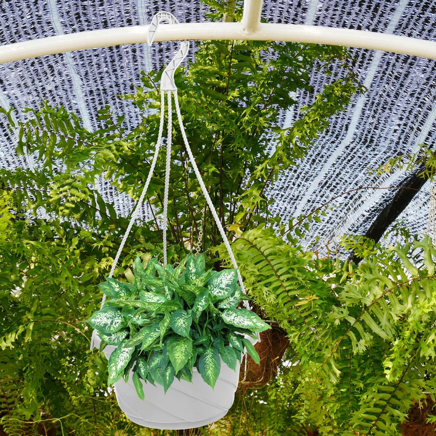 DOITOOL 10 Sets Hanging Planter Basket with Drainage Hole Round Flower Plant Pot Fence Railing Wall Planter for Ferns Ivy Crawling Plants Indoor Outdoor White
