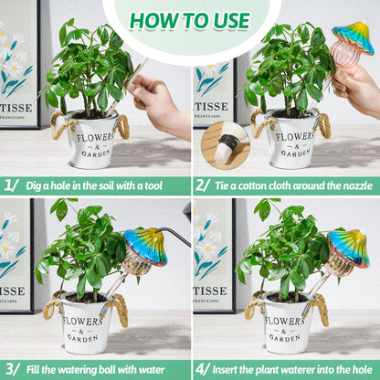11 oz Large Plant Watering Globes, Mushroom Gradient Color Glass Watering Bulbs, Vacation Plant Watering Devices, Self Watering Globes - Self Watering Planter Insert for Travel (Large 4-Pack)