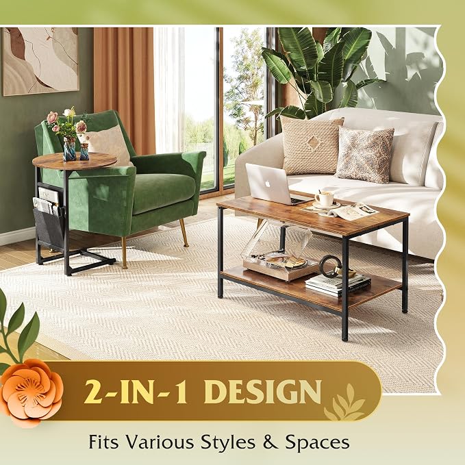 WLIVE Coffee Table, Small Coffee Tables for Living Room, Modern Center Table and Side Table Set with Storage Side Pouch for Bedroom, Apartment, Rustic Brown