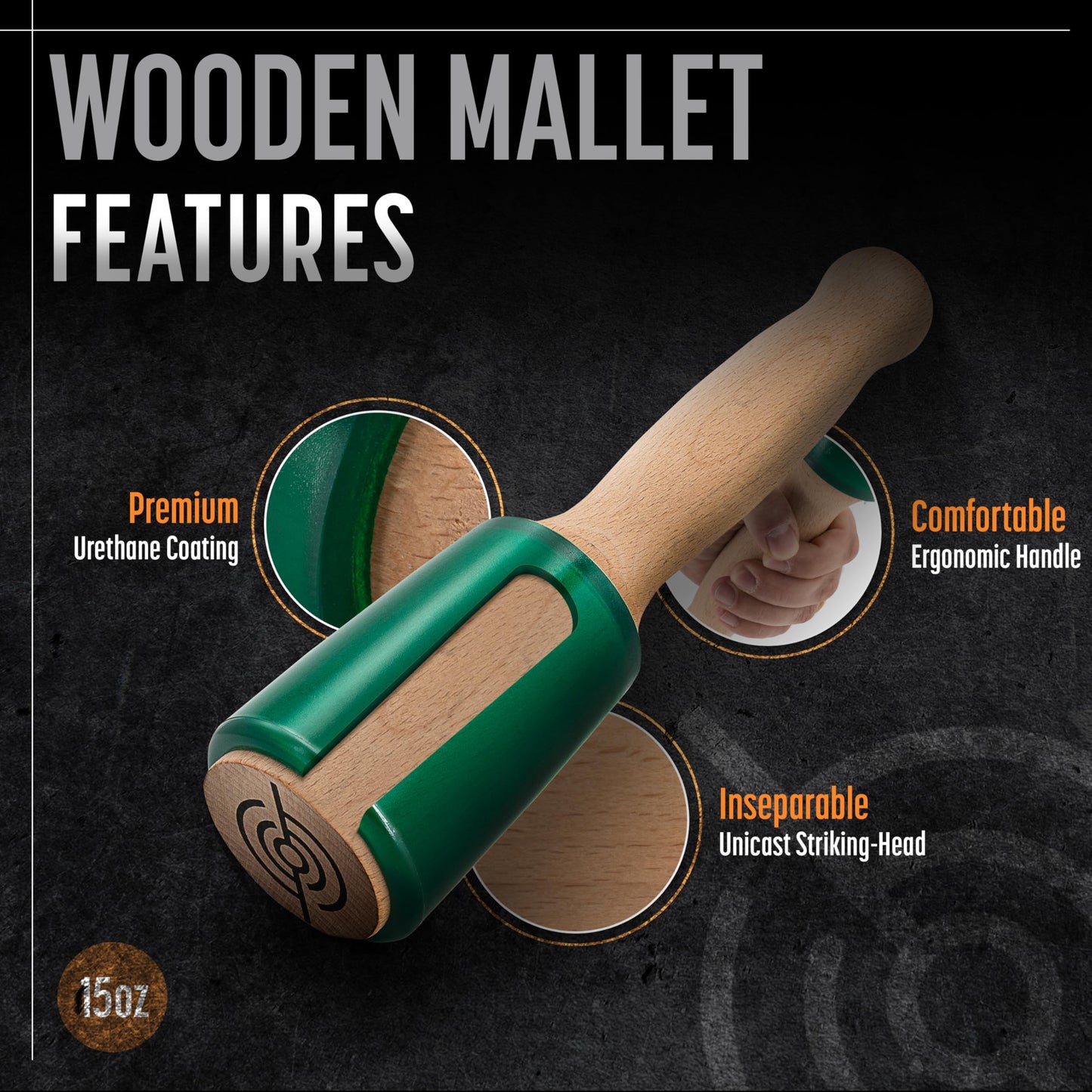 Precision Wood Carving Mallet 15oz for Woodworking, Comfortable Wooden Handle Reduces Hand Fatigue, Non-Marring Urethane Head Protects Tools, Chisel Hammer from Schaaf Tools