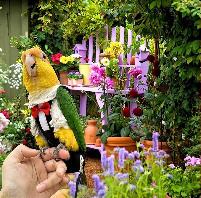 Bird Harness Leather Set Tuxedo Flight Suits with Nappy Diapers Waterproof Inner Layer Urine Wet for Parrot Cockatiel Conure Parakeet Macaw Budgie (XL)