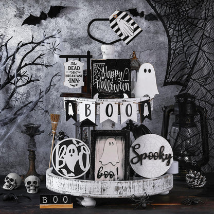 Wonderjune 19 Pcs Halloween Ghost Tiered Tray Decor Cute Boo Spooky Tray Decorations Black White Ghost Wooden Signs Mini Witch Broom Farmhouse Rustic Halloween Decorations for Home Table Office Desk
