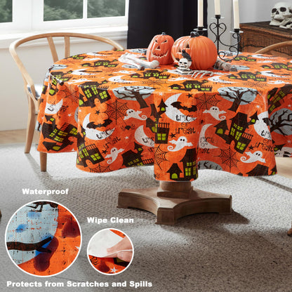 Newbridge Halloween Scream 60 x 84 Inch Oval Vinyl Tablecloth with Flannel Backing, Haunted House Ghost and Bat Design, Easy Care Wipe Clean Halloween Table Cover