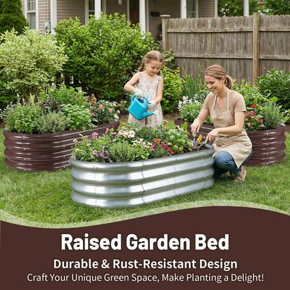 GOOZOO Galvanized Planter Raised Garden Bed, 4x2x1 ft Raised Garden Bed Kit for Gardening Outdoor, Oval Metal Land Planter Box for Vegetables, Flowers, Herbs, Fruits, Easy Assembly（Silver）