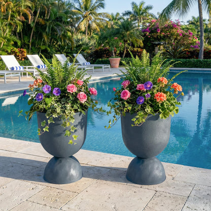 Casaphoria 2-Pack 18" Tall Planters for Outdoor Plants, 13" Large Plastic Flower Pots with Drainage, Lightweight Antique Shape Planters for Front Porch, Patio, Deck (Grey)