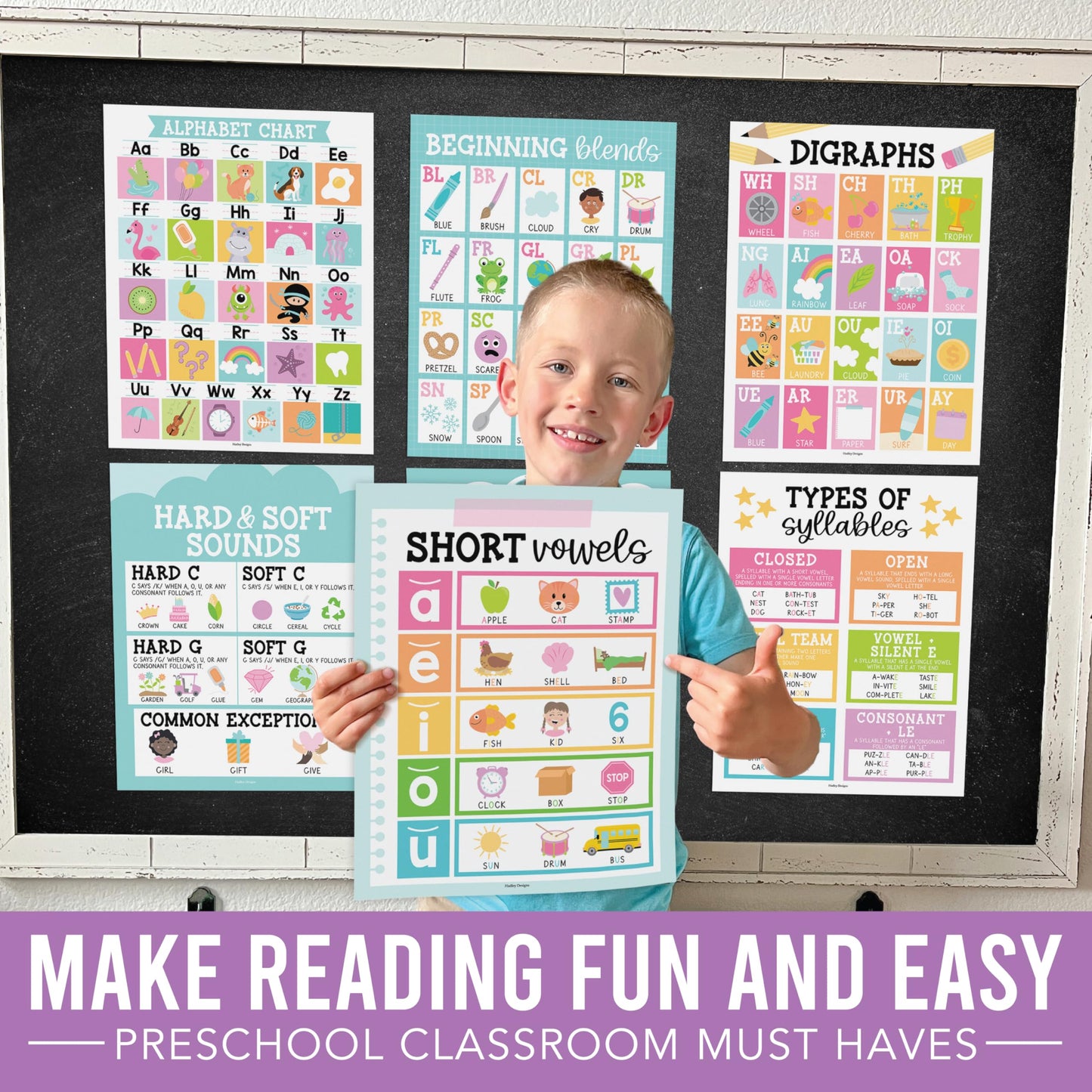 Hadley Designs Phonics Posters for Classroom Must Haves - 9 Sound Wall for Kindergarten & Elementary Teacher Supplies, Syllable, Vowels, Digraphs & Blends Bulletin Board Set, Pastel Classrom Decor