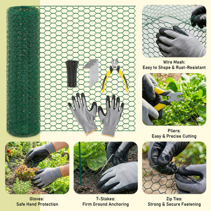 EcoBrisa 13.8x118" Plant Protectors from Animals, 2Roll Metal Mesh Plant Cages for Outdoor Plants Chicken Wire Cloche Wire Mesh for Garden Fence Kit with Ground Stakes & Nylon Tie,Gloves,Plier (Green)