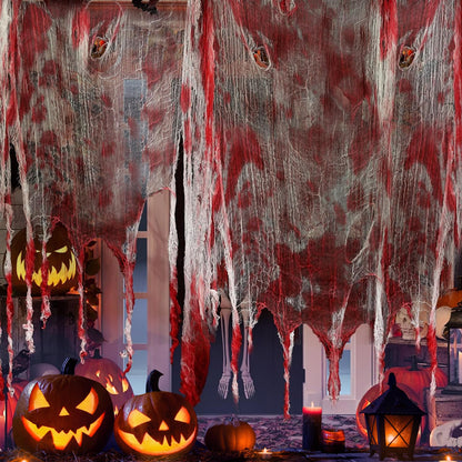 512" x 85" Halloween Blood Creepy Cloth Decoration - Large Bloody Spooky Fabric Gauze -Halloween Scary Gauze Blood Creepy Cloth for Haunted House Halloween Party Yard Wall Doorway Outdoors Decoration