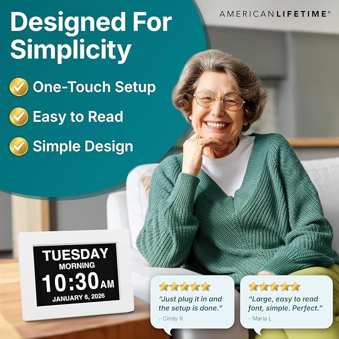 American Lifetime 【New 2026】 Dementia Digital Clock for Seniors, Large Display with Custom Alarms, Clock with Day & Date for Elderly, Large Number Digital Clock White