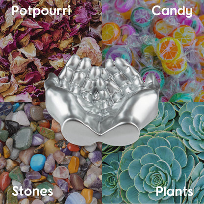 Tapeera Hand Shaped Succulent Planter Pot - Crystal Holder Display - Air Plant Holder Hand Planter - Giving Hands Sculpture Decor - Key Bowl Ring Dish Trinket Dish Candy Dish - Candle Holder (Silver)