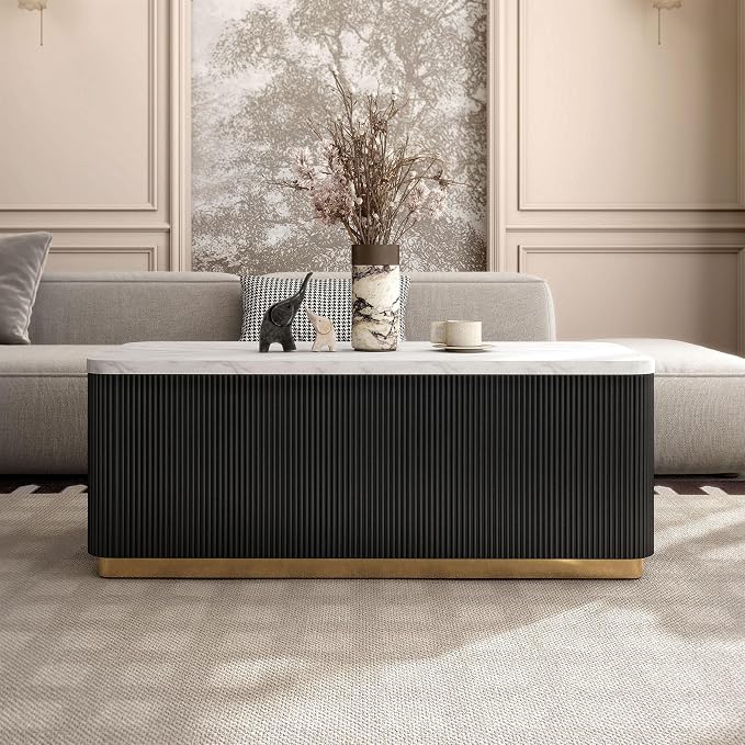 Furniture of America Beryl Modern Rectangle White Genuine Marble Top Coffee Table with Fluted Pedestal Base and Gold Stainless Steel Accent, Low Profile Table for Living Room, Home Office, Black