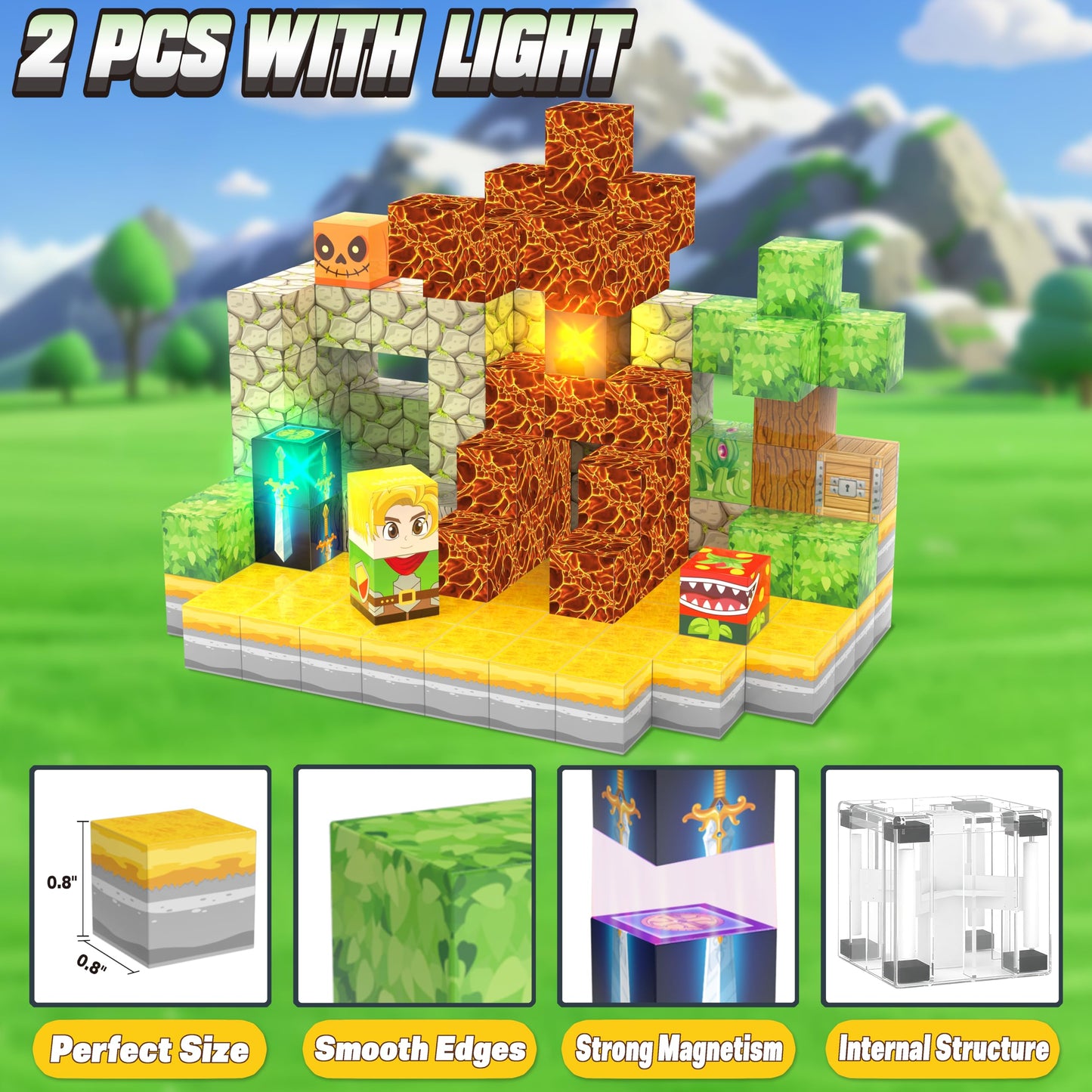 200PCS Magnetic Blocks - Light Up Magnetic Building Blocks Magnet Block Cubes Forest Set, STEM Montessori Sensory Stacking Toys for Kids Boys Girls Ages 3 4 5 6 7 8-12 Holiday Christmas Birthday Gifts