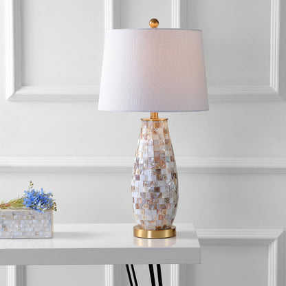 JONATHAN Y 28" Natural Mosaic Seashell Table Lamp, Coastal Contemporary Resin Lamp for Living Room Bedroom, White Linen Shade, Brass Gold Accents, LED Bulb Included JYL4005A