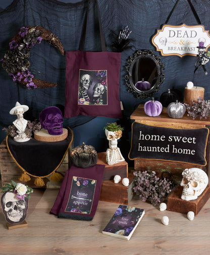 Primitives by Kathy Moody Moon Wreath - 14" x 17" Seasonal Halloween Decor, Rattan Crescent with Black and Purple Faux Florals, Gold Glitter Details, and Gold Spider