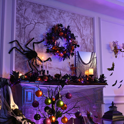 Valery Madelyn Collapsible Halloween Wreath for Front Door with Lights, 24 Inch Pre-Lit Jack-o'-Lantern Pumpkin Wreath Halloween Decorations for Centerpiece Window Indoor Party Holiday Wall Home Decor