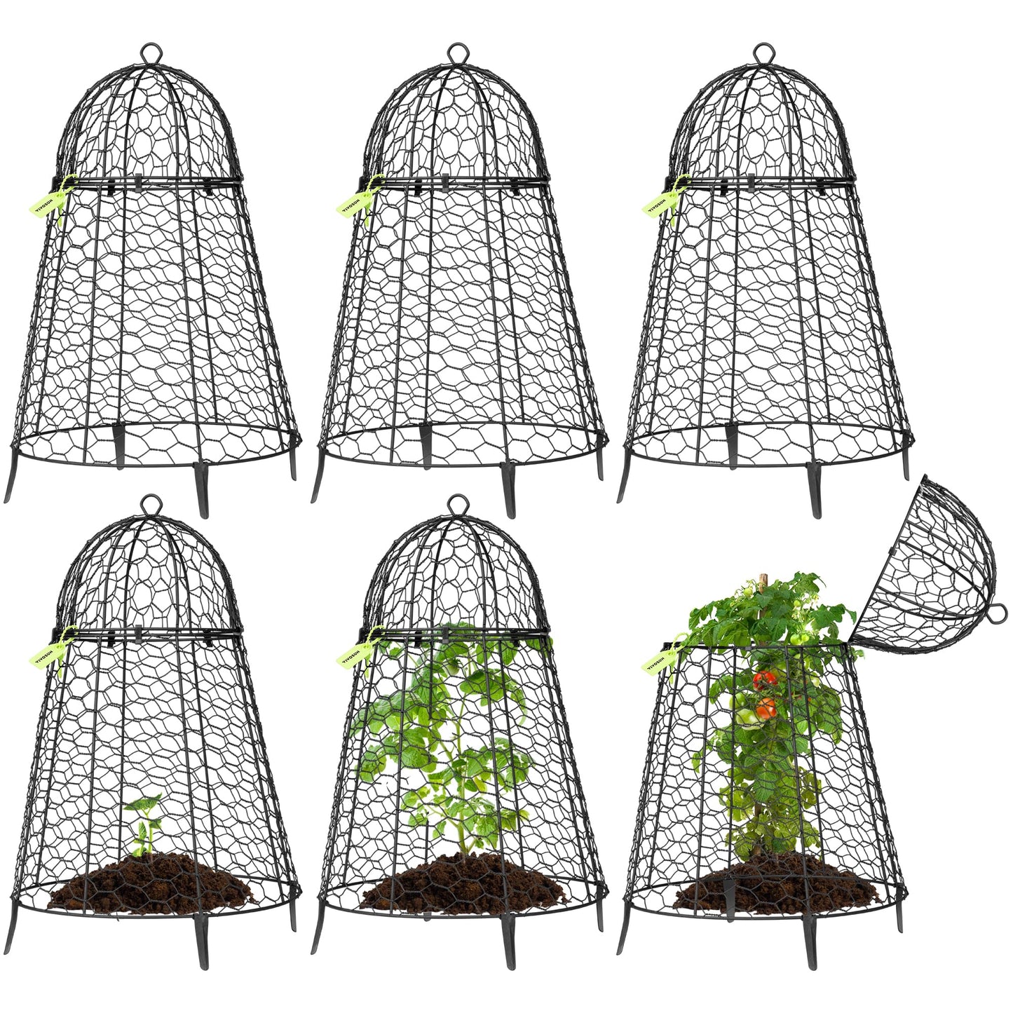 VIVOSUN Garden Cloches for Plants, Rustproof Chicken Wire Cloches with Flip-Top Design & Integrated Folding Stakes, Plants Protectors, Keep Small Animals Out, 6-Pack