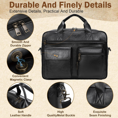Yuni Sophy Briefcase for Men 15.6 Inch Laptop Messenger Bag Faux Leather Multi-Pocket Business Work Bag Waterproof Office Travel (Black)