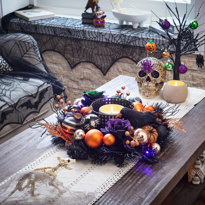 Valery Madelyn 18 Inch Halloween Wreath with Lights for Front Door, Collapsible Pre-Lit Wreath with Fake Crow Pumpkin Halloween Decorations for Home Wall Decor