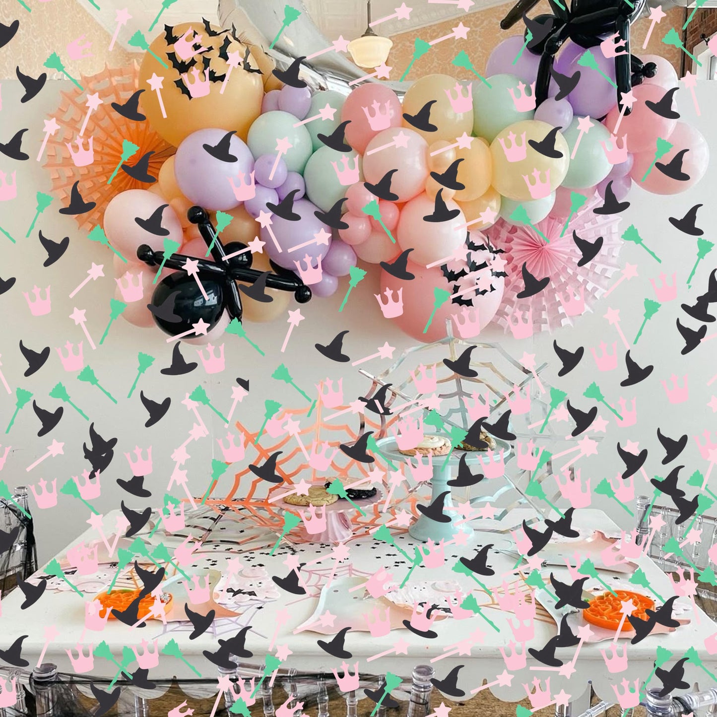 200Pcs Witch Themed Confetti - Magic Birthday Wedding Party Decorations,Pink Green Witches Table Centerpiece,Crown Broom Magic Wand Scatters Confetti,Good Bad Witch Party Photo Props