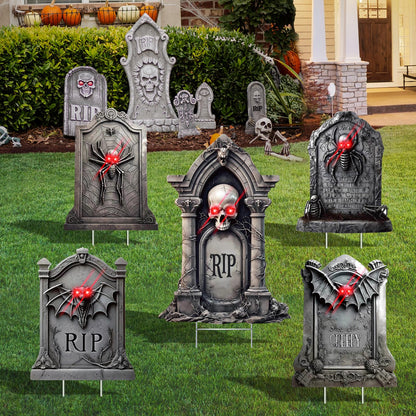 5 Pack Tombstone Halloween Decorations Plastic Yard Signs with Stakes,Graves Halloween Decorations Outdoor, Scary Gravestone Decorations with Glow in Dark Eyes for Outdoor Yard Lawn Garden Waterproof