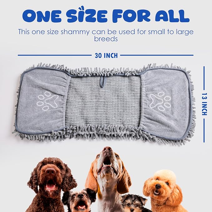 Microfiber Dog Bath Towel, Grey | Super Absorbent, Quick Dry, Hand Pockets, Machine Washable