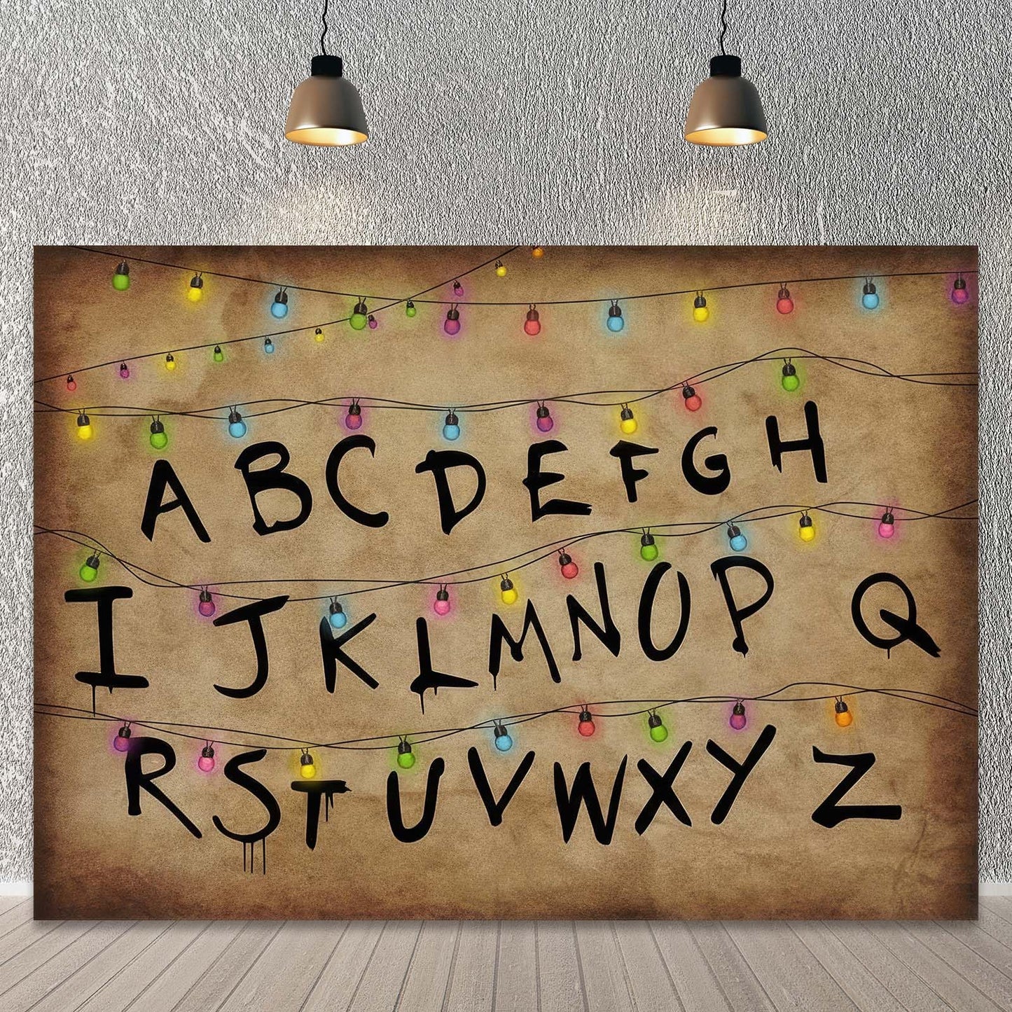 Colourful Light String Rustic Alphabet Backdrop for Halloween Birthday Party Decor Cake Table Banner Photo Booth Props Supplies 7x5FT