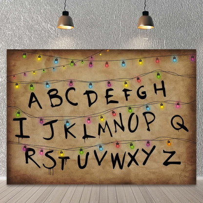 Colourful Light String Rustic Alphabet Backdrop for Halloween Birthday Party Decor Cake Table Banner Photo Booth Props Supplies 7x5FT