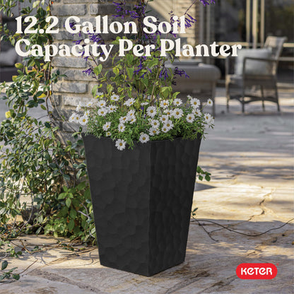 Keter Stone Tapered Planter Set of 2, Tall 26.4‑Inch Resin Outdoor Flower Pots with Stone‑Look Finish and 12.2‑Gallon Capacity, Graphite