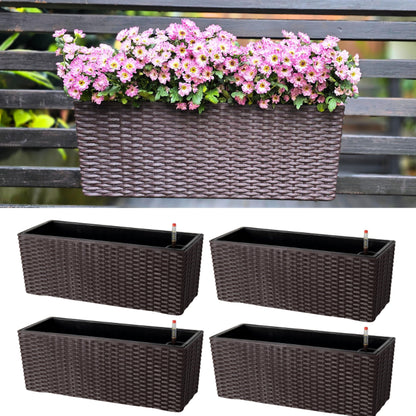 LaLaGreen Deck Railing Planter Box (20 Inch, 4 Pack) Brown Rectangular Window Flower Boxes with Bracket, Self Watering System Hanging Planter Box for Outdoor Plant Container Herb Rail Fence Balcony