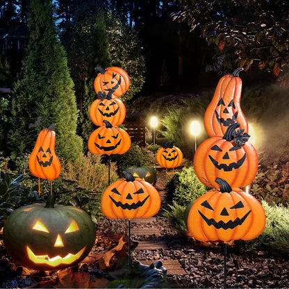 2 Pack Halloween/Thanksgiving Garden Stakes, Outdoor Party Décor Stacked Metal Pumpkins Jack-o-Lantern Lawn Decor, Yard Signs Stake Outdoor Decorative Pumpkin Home Lawn Pathway Driveway Decorations